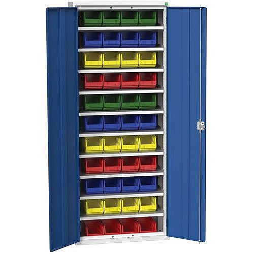 Skříň Bott Verso s boxy, 200 x 80 x 35 cm, 10 polic, 44 boxů, šedá-modrá