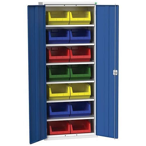 Skříň Bott Verso s boxy, 200 x 80 x 55 cm, 6 polic, 14 boxů, šedá-modrá