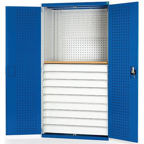 Dílenská skříň se zásuvkami Bott Cubio, multiplex, 200 x 130 x 65 cm, 9 zásuvek, šedá-modrá