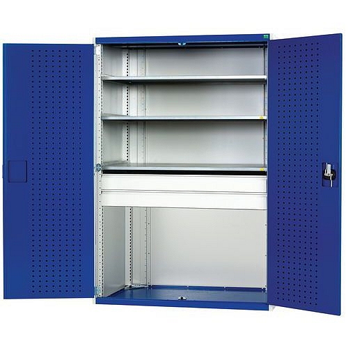 Dílenská skříň se zásuvkami Bott Cubio 160, 200 x 105 x 65 cm, 3 police, 2 zásuvky, šedá-modrá