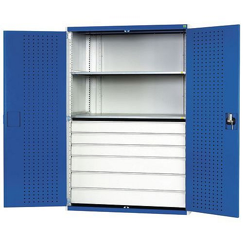 Dílenská skříň se zásuvkami Bott Cubio 160, 200 x 130 x 65 cm, 2 police, 6 zásuvek, šedá-modrá