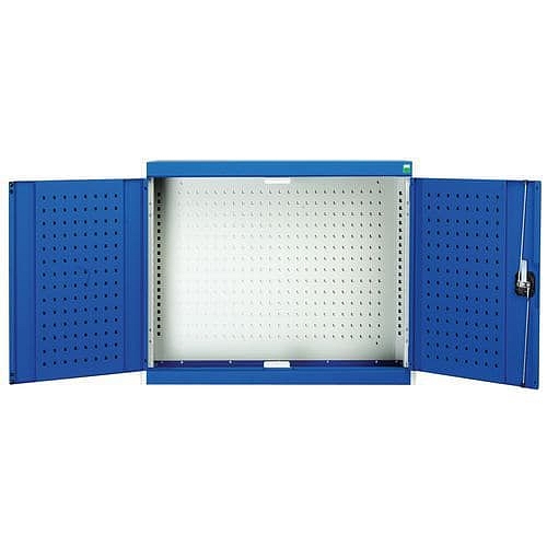 Závěsná skříňka Bott Cubio s držáky na nářadí a perfopanely, 70 x 80 x 32,5 cm, 20 držáků, šedá-modrá