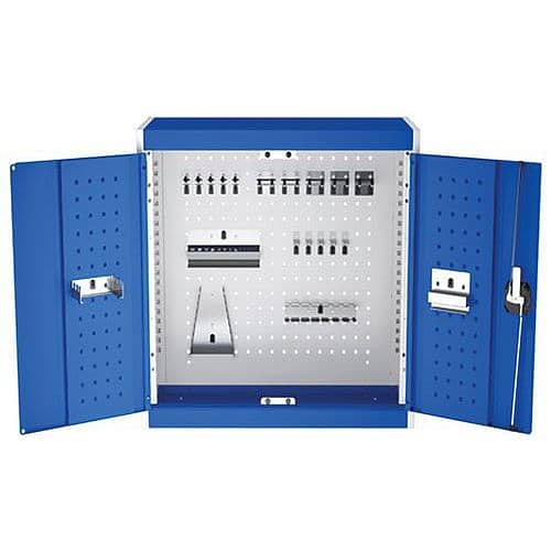 Závěsná skříňka Bott Cubio s držáky na nářadí a perfopanely, 70 x 52,5 x 32,5 cm, 20 držáků, šed??-modrá