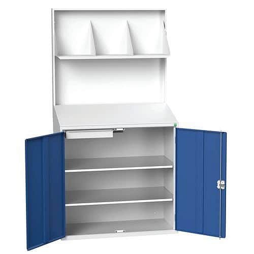 Pracovní stanice Economy Bott, s panelem s děliči, 2 police, 1 zásuvka, 200 x 105 x 55 cm, šedá-modrá