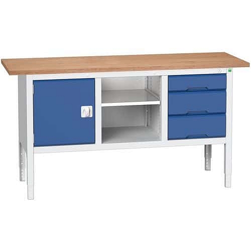 Dílenský stůl Bott Verso, výškově nastavitelný, 83-93 x 175 x 60 cm, multiplex, 3 zásuvky, 1 police, 1 skříňka, šedá-modrá