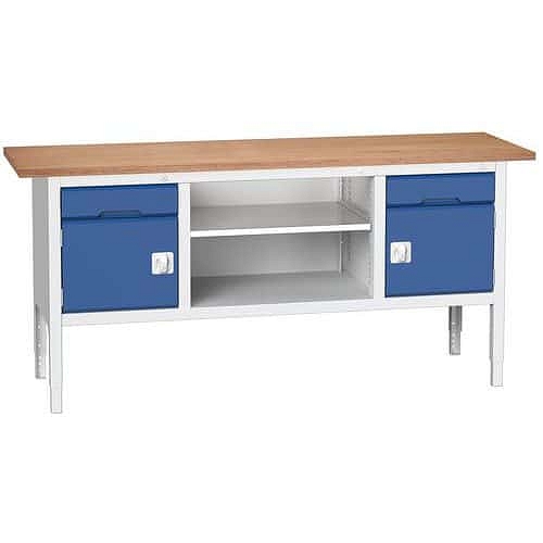 Dílenský stůl Bott Verso, výškově nastavitelný, 83-93 x 200 x 60 cm, multiplex, 2 zásuvky, 1 police, 2 skříňky, šedá-modrá