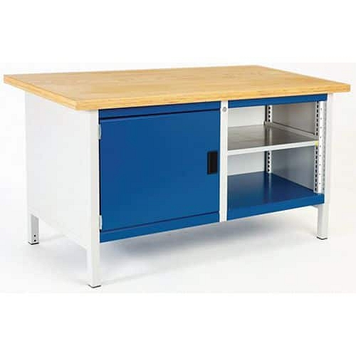 Dílenský stůl Bott Cubio Storage, 84 x 150 x 75 cm, 1 skříňka, otevřená část s policí, linoleum, šedá-modrá