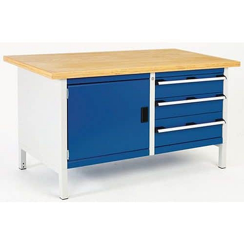 Dílenský stůl Bott Cubio Storage, 84 x 150 x 75 cm, 3 zásuvky, skříňka, linoleum, šedá-modrá