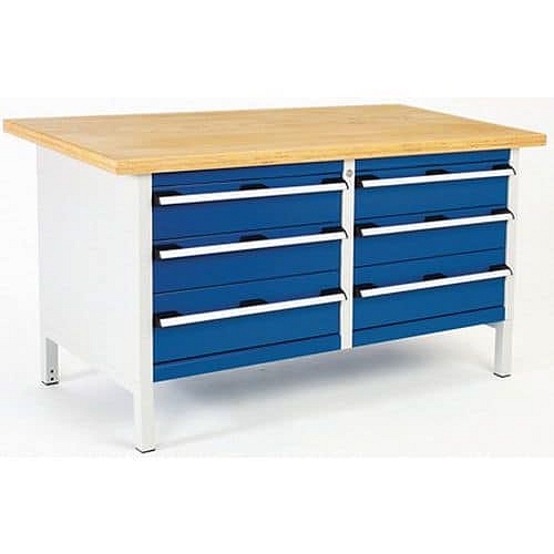 Dílenský stůl Bott Cubio Storage, 84 x 150 x 75 cm, 6 zásuvek, linoleum, šedá-modrá