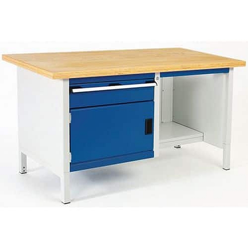 Dílenský stůl Bott Cubio Storage, 84 x 150 x 75 cm, 1 skříňka, 1 zásuvka, police, linoleum, šedá-modrá