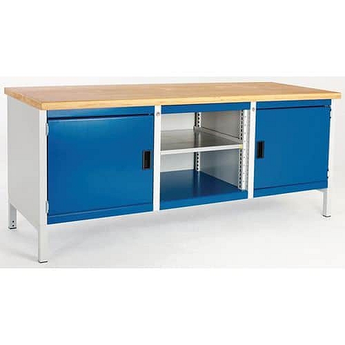 Dílenský stůl Bott Cubio Storage, 84 x 200 x 75 cm, 2 skříňky, otevřený prostor s policí, linoleum, šedá-modrá