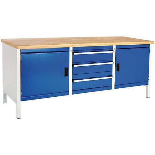 Dílenský stůl Bott Cubio Storage, 84 x 200 x 75 cm, 2 skříňky, 3 zásuvky, multiplex, šedá-modrá