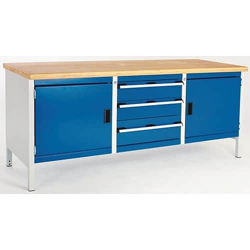 Dílenský stůl Bott Cubio Storage, 84 x 200 x 75 cm, 2 skříňky, 3 zásuvky, linoleum, šedá-modrá