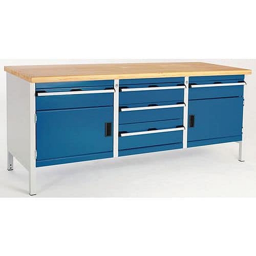 Dílenský stůl Bott Cubio Storage, 84 x 200 x 75 cm, 2 skříňky, 5 zásuvek, linoleum, šedá-modrá