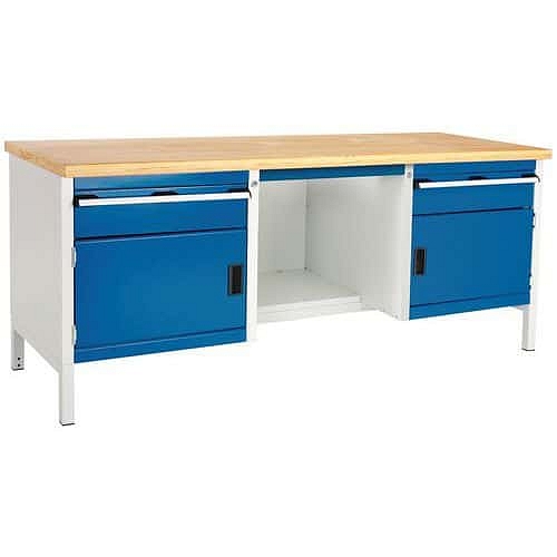 Dílenský stůl Bott Cubio Storage, 84 x 200 x 75 cm, 2 skříňky, 2 zásuvky, police, multiplex, šedá-modrá