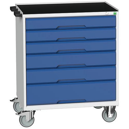 Mobilní pracovní stůl se zásuvkami Bott Verso, 96,5 x 80 x 55 cm, 6 zásuvek, rohož, šedá-modrá