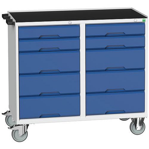 Údržový zásuvkový vozík Bott Verso, 96,5 x 105 x 55 cm, 10 zásuvek, rohož, šedá-modrá