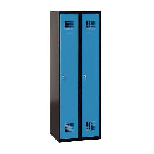 Svařovaná šatní skříň Patrick, 2 oddíly, cylindrický zámek, černá/sv. modrá