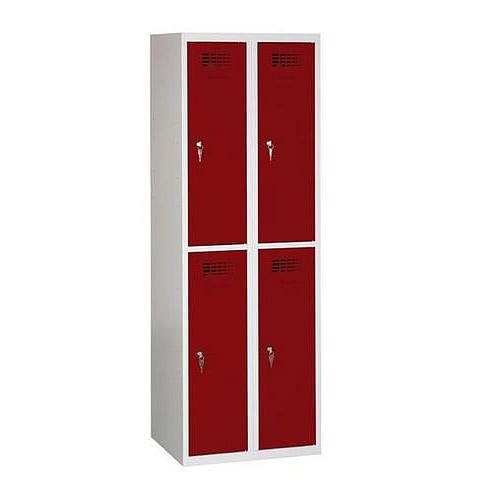 Svařovaná šatní skříň Rafael odlehčená, 4 oddíly, cylindrický zámek, šedá/tmavě červená