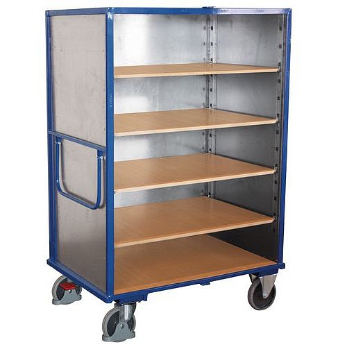 Vysoký skříňový vozík s madlem a 3 plnými stěnami, do 500 kg, 5 polic, 181 x 131,5 x 83 cm, modrý