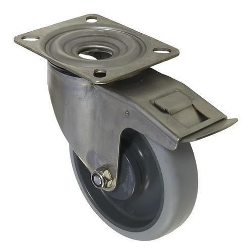 Gumové transportní kolo s přírubou, průměr 160 mm, otočné s brzdou, valivé ložisko