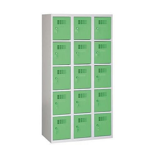 Svařovaná šatní skříň Eric odlehčená, 15 boxů, cylindrický zámek, šedá/zelená