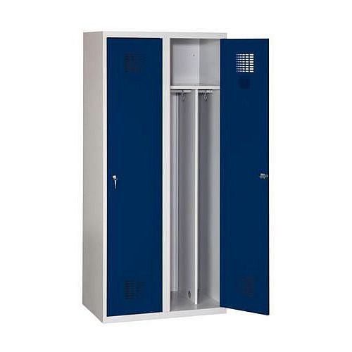 Svařovaná šatní skříň Drake odlehčená, 2 oddíly, šedá/tm. modrá