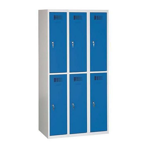 Svařovaná šatní skříň Charles odlehčená, 6 oddílů, cylindrický zámek, šedá/tm. modrá