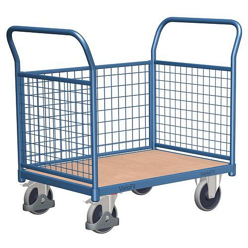 Plošinový vozík se dvěma madly s mřížovou výplní a boční stěnou, do 400 kg, 97,5 x 104 x 50 cm, modrý