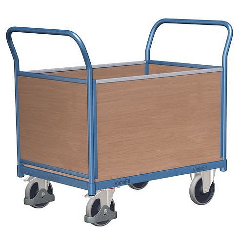 Plošinový vozík se dvěma madly s plnou výplní a bočními stěnami, do 400 kg, 97,5 x 104 x 50 cm, modrý