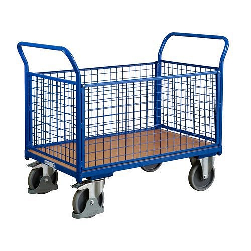Plošinový vozík se dvěma madly s mřížovou výplní a bočními stěnami, do 500 kg, 101,5 x 119 x 70 cm, modrý