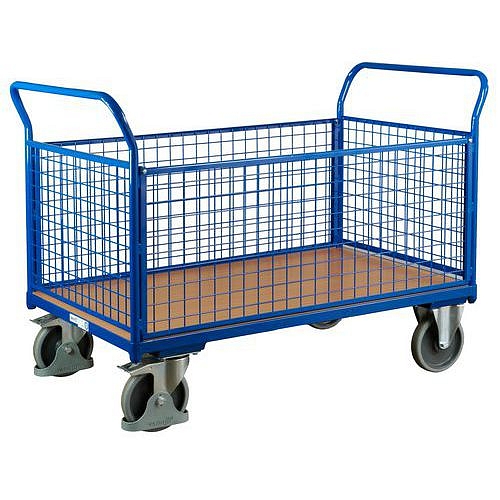Plošinový vozík se dvěma madly s mřížovou výplní a bočními stěnami, do 500 kg, 101,5 x 139 x 80 cm, modrý