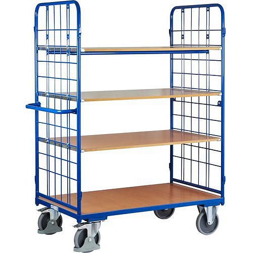 Vysoký policový vozík s madlem a mřížovými bočnicemi, do 500 kg, 4 police, 182 x 138,5 x 82 cm, modrý