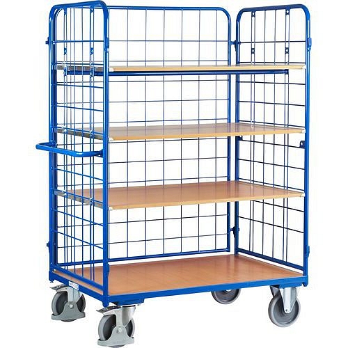 Vysoký policový vozík s madlem a mřížovými bočnicemi, do 500 kg, 4 police, 182 x 139 x 82,5 cm, modrý
