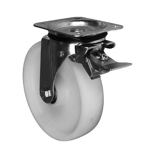 Nylonové transportní kolo s přírubou, průměr 200 mm, otočné s brzdou, valivé ložisko