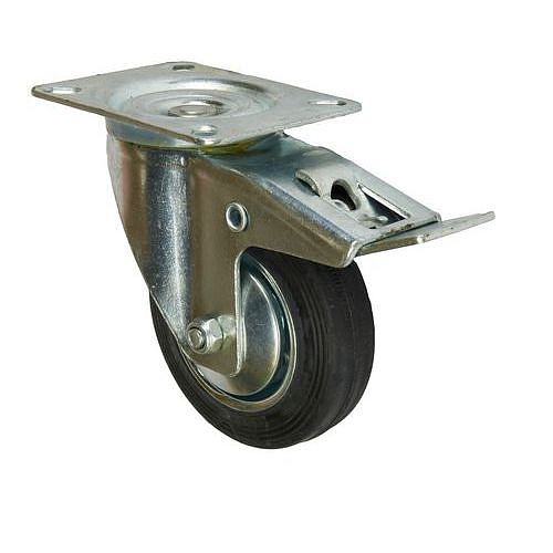 Gumové transportní kolo s přírubou, průměr 100 mm, otočné s brzdou, valivé ložisko