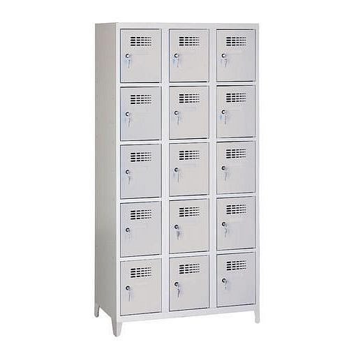 Svařovaná šatní skříň Eric odlehčená, 15 boxů, na nožkách, cylindrický zámek, šedá/šedá