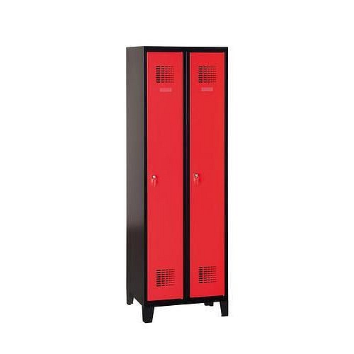 Svařovaná šatní skříň Patrick na nohách, 2 oddíly, cylindrický zámek, černá/červená