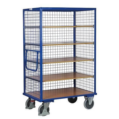 Vysoký skříňový vozík s madlem a 3 mřížovými stěnami, do 500 kg, 5 polic, 181 x 111,5 x 73 cm, modrý
