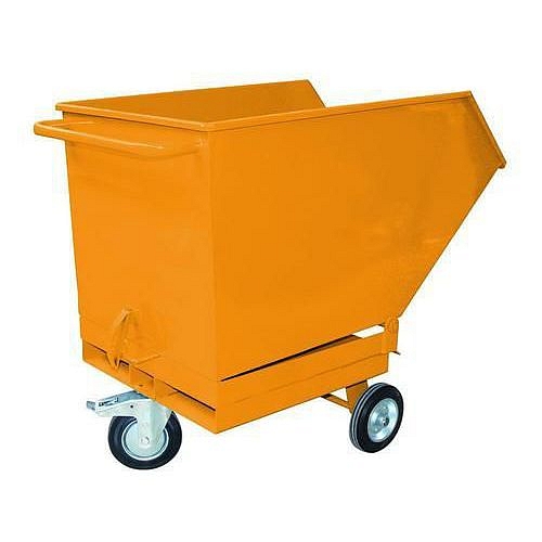 Pojízdný výklopný kontejner s kapsami pro vysokozdvižný vozík, objem 600 l, žlutý