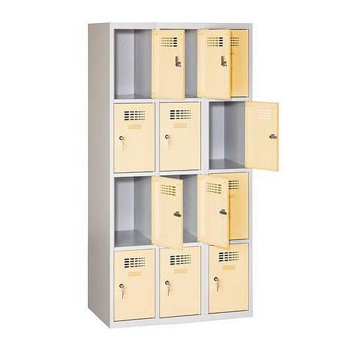 Svařovaná šatní skříň Eric odlehčená, 12 boxů, cylindrický zámek, šedá/béžová