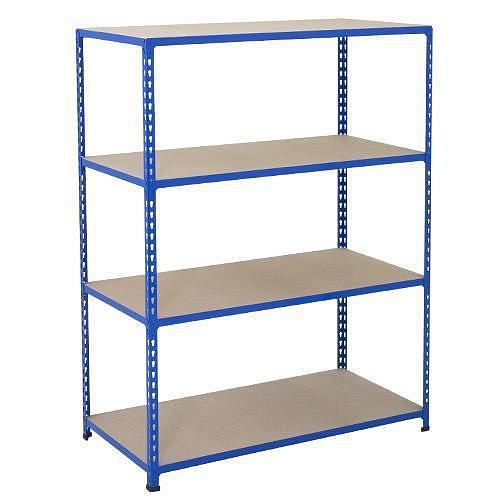 Kovový regál Rapid 2, 160 x 152,5 x 30,5 cm, 120 kg/police, 4 dřevotřískové police, modrý