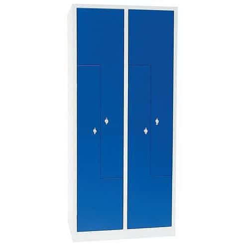 Kovová šatní skříň, dveře Z - Manutan Expert,  4 oddíly, otočný uzávěr, šedá/modrá