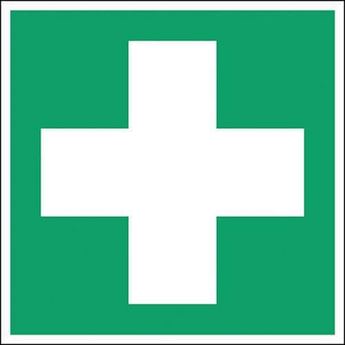 Čtvercové nouzové a evakuační značky – První pomoc, 150 x 150 mm – fotoluminiscenční, polypropylen