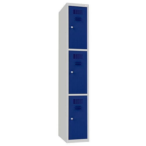 Svařovaná šatní skříň Dean, 3 boxy, cylindrický zámek, šedá/tmavě modrá