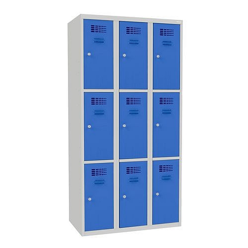 Svařovaná šatní skříň Jeff, 9 boxů, cylindrický zámek, šedá/světle modrá