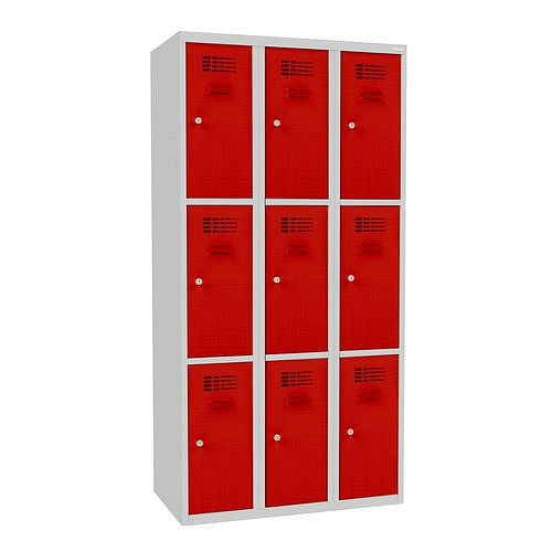 Svařovaná šatní skříň Jeff, 9 boxů, cylindrický zámek, šedá/červená