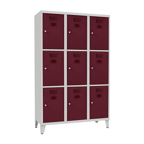 Svařovaná šatní skříň Jensen, 9 boxů, cylindrický zámek, šedá/vínově červená