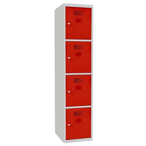 Svařovaná šatní skříň Oskar, 4 boxy, cylindrický zámek, šedá/červená
