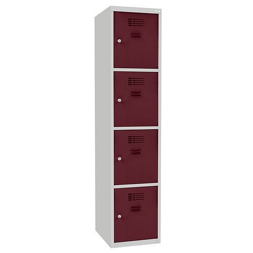 Svařovaná šatní skříň Oskar, 4 boxy, cylindrický zámek, šedá/vínově červená